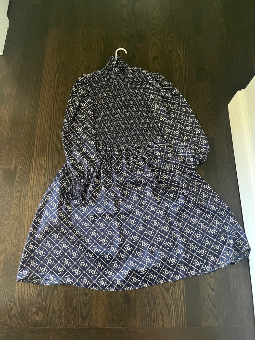 Navy Printed Smocked Dress SILK